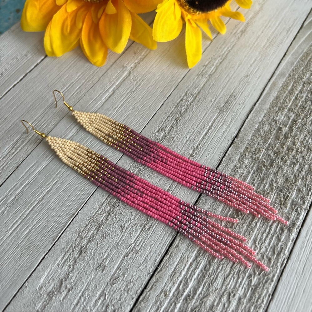 Boho Seed‎ Beaded Earrings Gold Pink Fringe Dangle Drop Long Earrings Handmade
